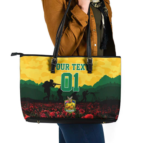 Personalized Australian Jackaroos ANZAC Leather Tote Bag Poppy Field Soldiers Silhouette Sunset Commemorative Design