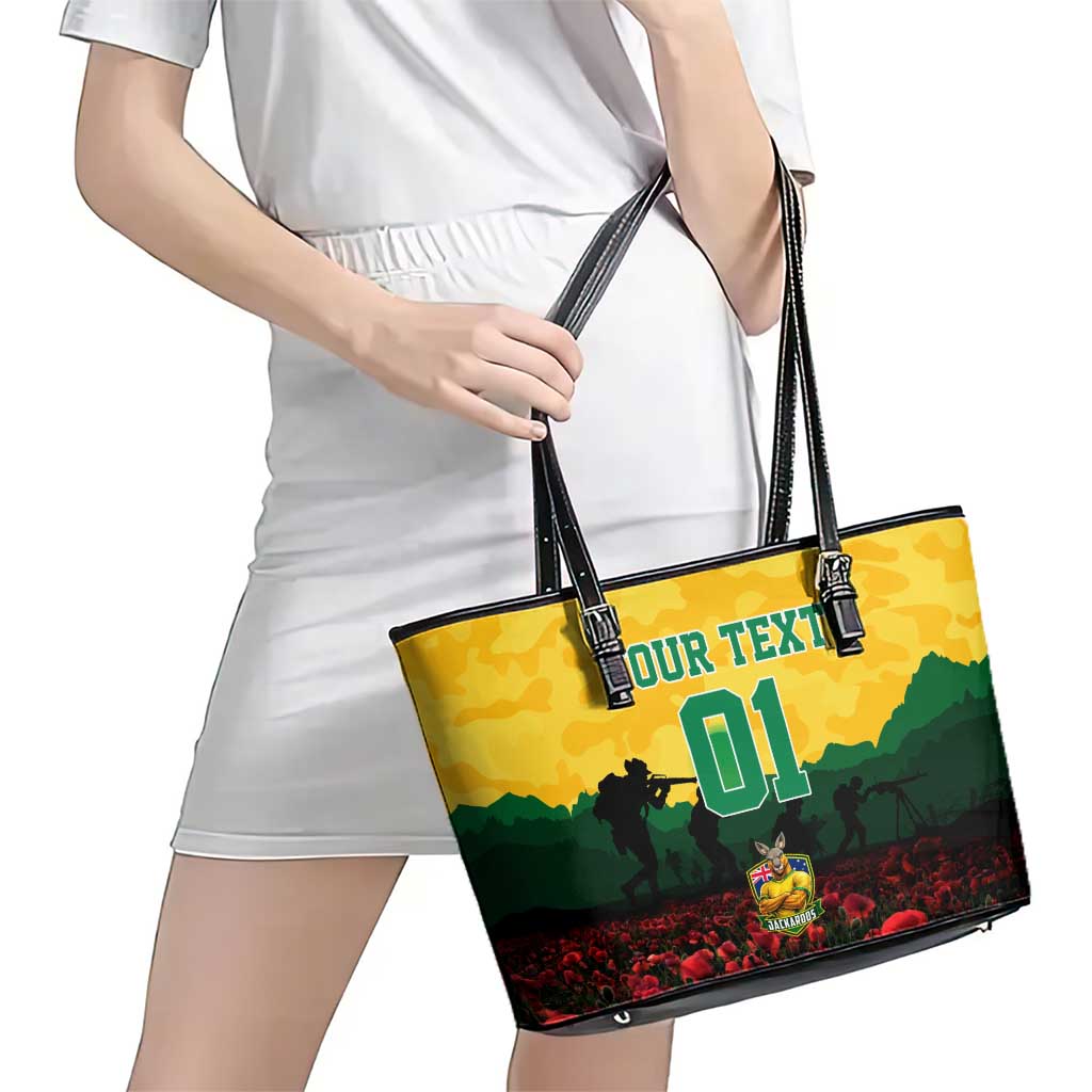 Personalized Australian Jackaroos ANZAC Leather Tote Bag Poppy Field Soldiers Silhouette Sunset Commemorative Design