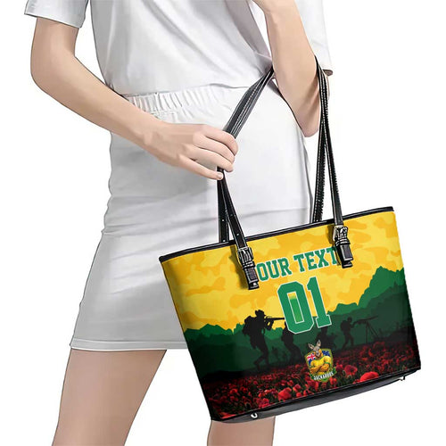 Personalized Australian Jackaroos ANZAC Leather Tote Bag Poppy Field Soldiers Silhouette Sunset Commemorative Design