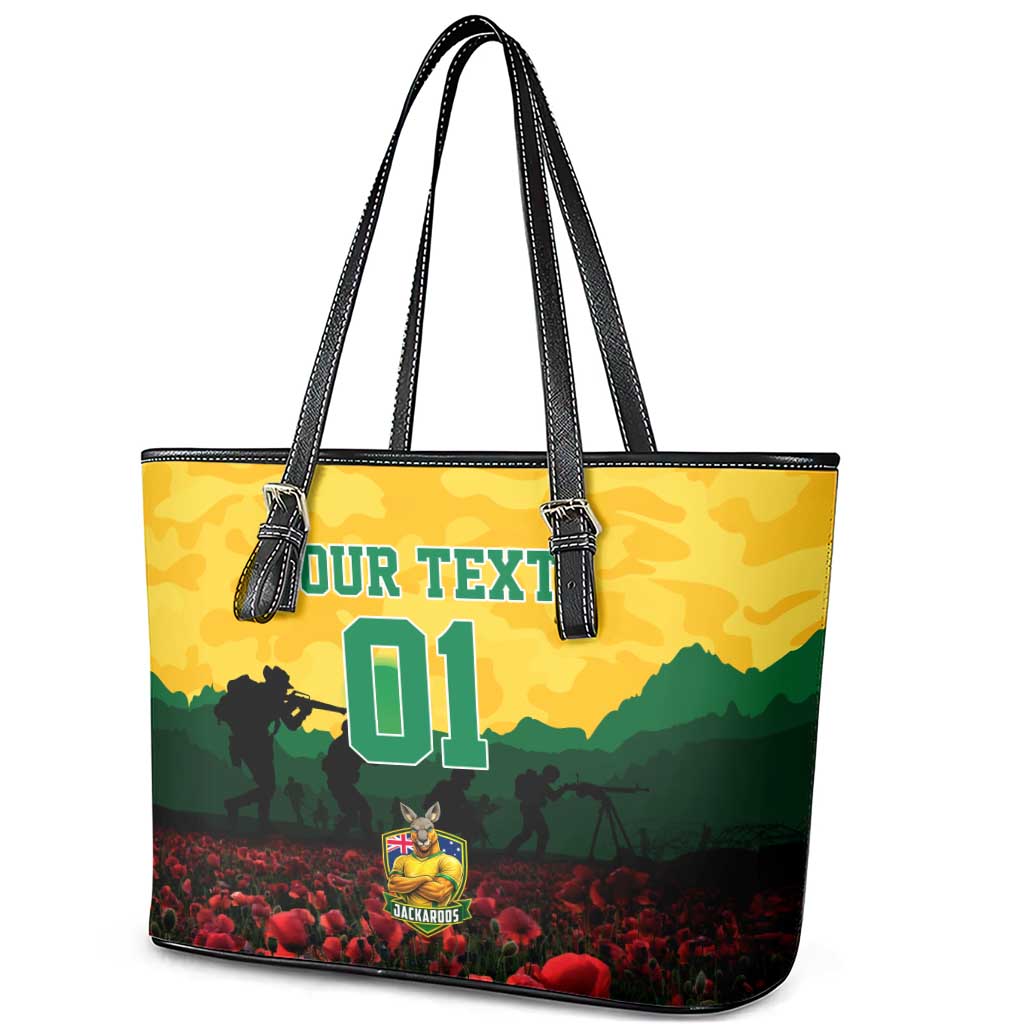 Personalized Australian Jackaroos ANZAC Leather Tote Bag Poppy Field Soldiers Silhouette Sunset Commemorative Design