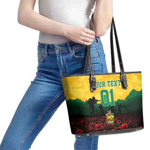 Personalized Australian Jackaroos ANZAC Leather Tote Bag Poppy Field Soldiers Silhouette Sunset Commemorative Design