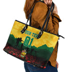 Personalized Australian Jackaroos ANZAC Leather Tote Bag Poppy Field Soldiers Silhouette Sunset Commemorative Design