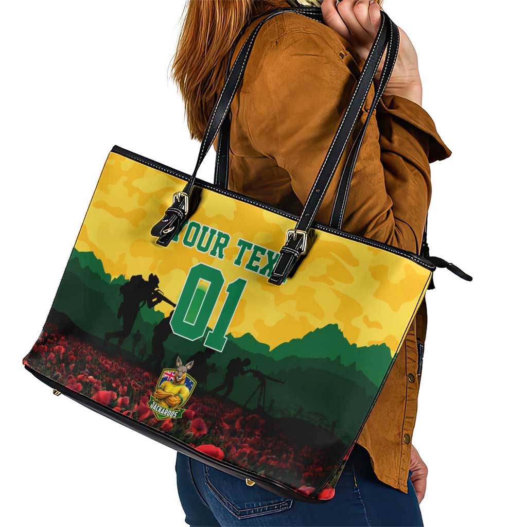 Personalized Australian Jackaroos ANZAC Leather Tote Bag Poppy Field Soldiers Silhouette Sunset Commemorative Design