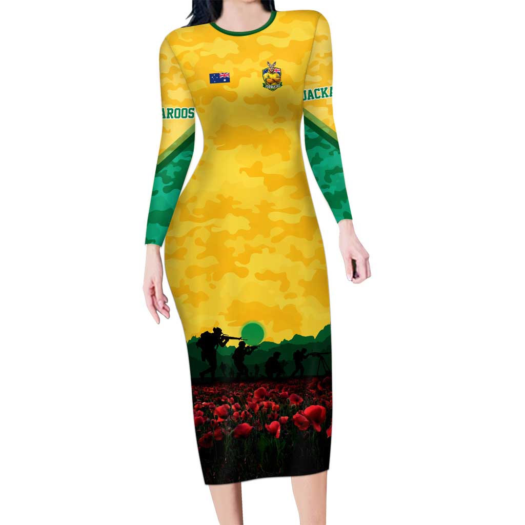 Personalized Australian Jackaroos ANZAC Long Sleeve Bodycon Dress Poppy Field Soldiers Silhouette Sunset Commemorative Design