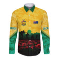 Personalized Australian Jackaroos ANZAC Long Sleeve Button Shirt Poppy Field Soldiers Silhouette Sunset Commemorative Design