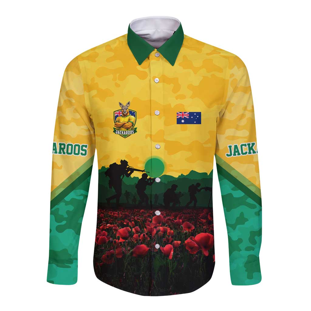 Personalized Australian Jackaroos ANZAC Long Sleeve Button Shirt Poppy Field Soldiers Silhouette Sunset Commemorative Design
