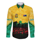 Personalized Australian Jackaroos ANZAC Long Sleeve Button Shirt Poppy Field Soldiers Silhouette Sunset Commemorative Design