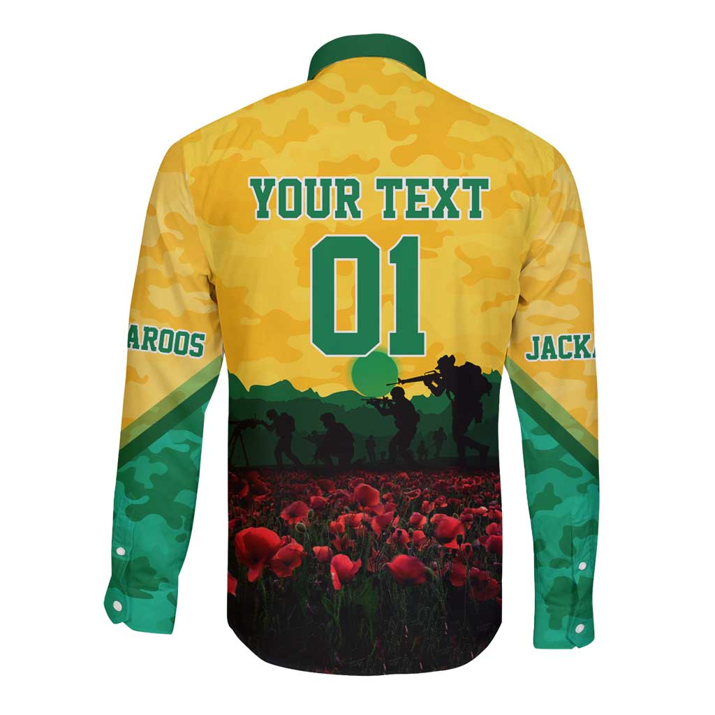 Personalized Australian Jackaroos ANZAC Long Sleeve Button Shirt Poppy Field Soldiers Silhouette Sunset Commemorative Design