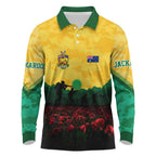 Personalized Australian Jackaroos ANZAC Long Sleeve Polo Shirt Poppy Field Soldiers Silhouette Sunset Commemorative Design