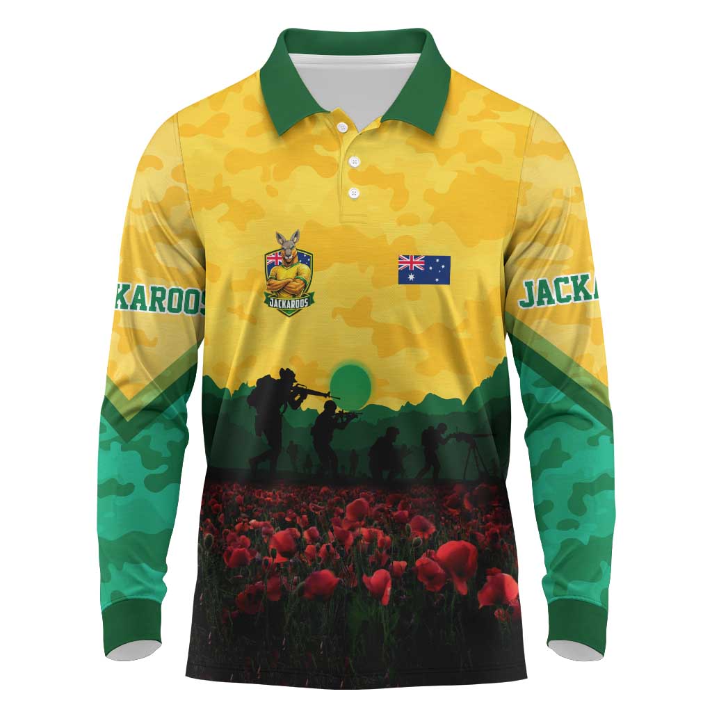 Personalized Australian Jackaroos ANZAC Long Sleeve Polo Shirt Poppy Field Soldiers Silhouette Sunset Commemorative Design