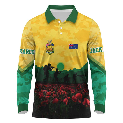 Personalized Australian Jackaroos ANZAC Long Sleeve Polo Shirt Poppy Field Soldiers Silhouette Sunset Commemorative Design