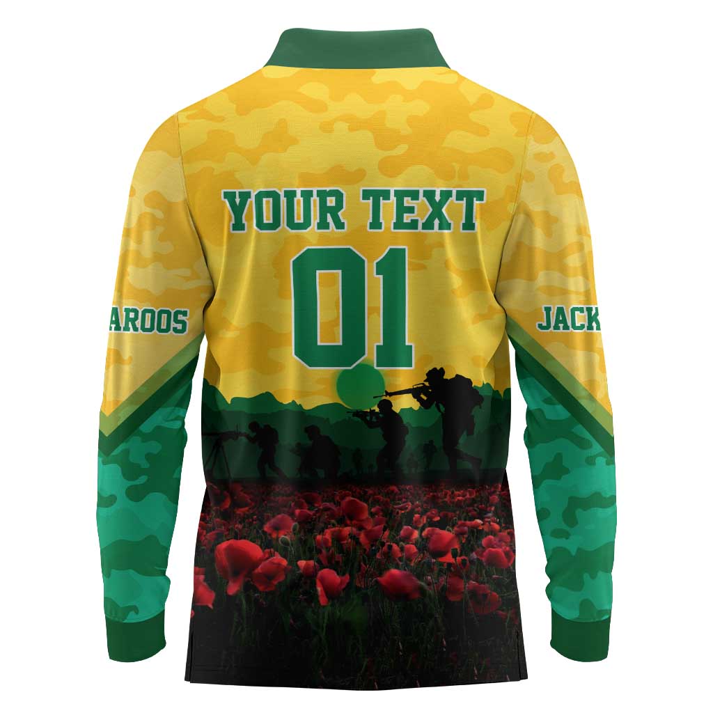 Personalized Australian Jackaroos ANZAC Long Sleeve Polo Shirt Poppy Field Soldiers Silhouette Sunset Commemorative Design