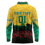 Personalized Australian Jackaroos ANZAC Long Sleeve Polo Shirt Poppy Field Soldiers Silhouette Sunset Commemorative Design