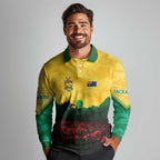 Personalized Australian Jackaroos ANZAC Long Sleeve Polo Shirt Poppy Field Soldiers Silhouette Sunset Commemorative Design