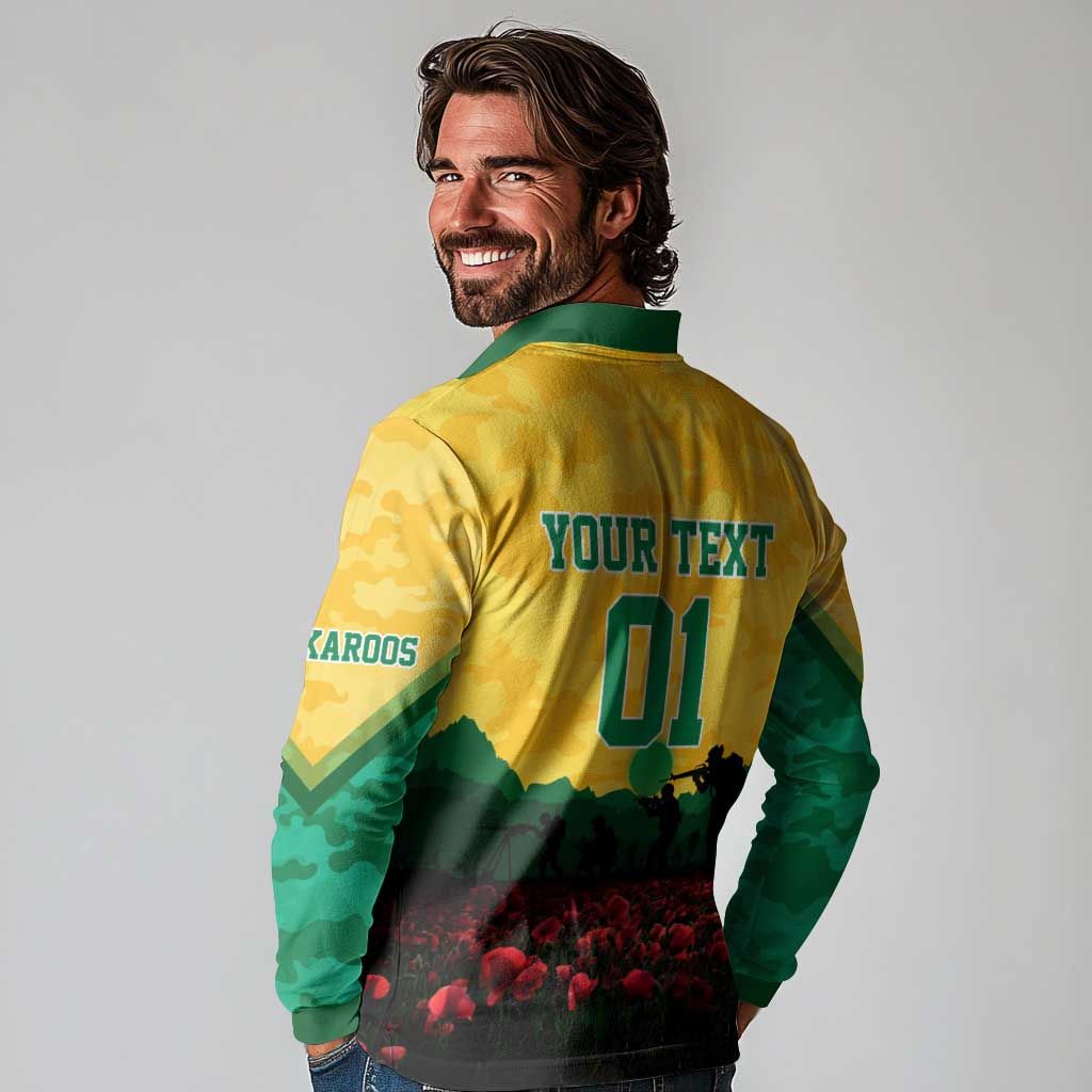 Personalized Australian Jackaroos ANZAC Long Sleeve Polo Shirt Poppy Field Soldiers Silhouette Sunset Commemorative Design