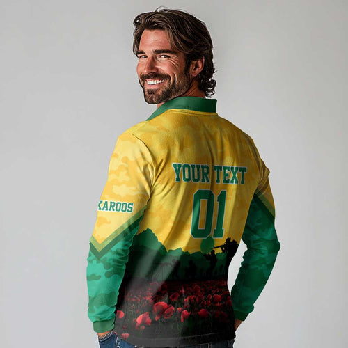 Personalized Australian Jackaroos ANZAC Long Sleeve Polo Shirt Poppy Field Soldiers Silhouette Sunset Commemorative Design