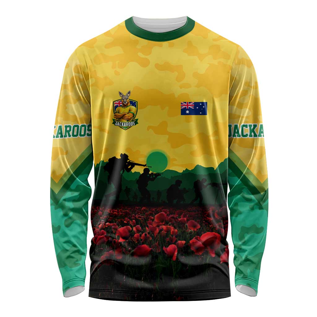 Personalized Australian Jackaroos ANZAC Long Sleeve Shirt Poppy Field Soldiers Silhouette Sunset Commemorative Design