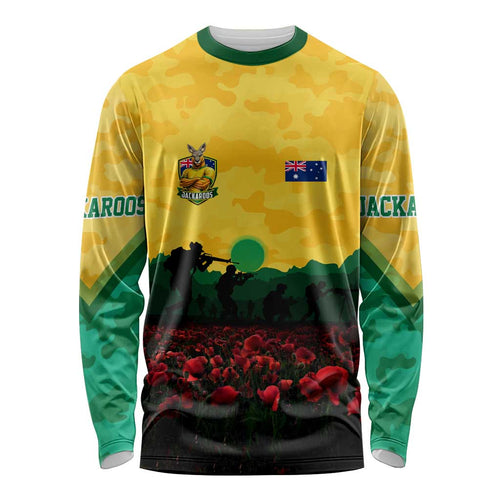 Personalized Australian Jackaroos ANZAC Long Sleeve Shirt Poppy Field Soldiers Silhouette Sunset Commemorative Design