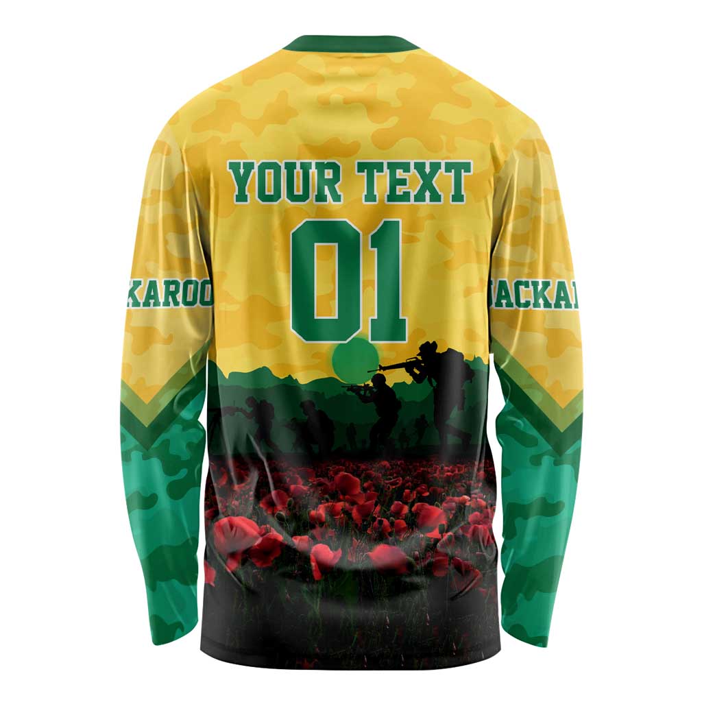 Personalized Australian Jackaroos ANZAC Long Sleeve Shirt Poppy Field Soldiers Silhouette Sunset Commemorative Design