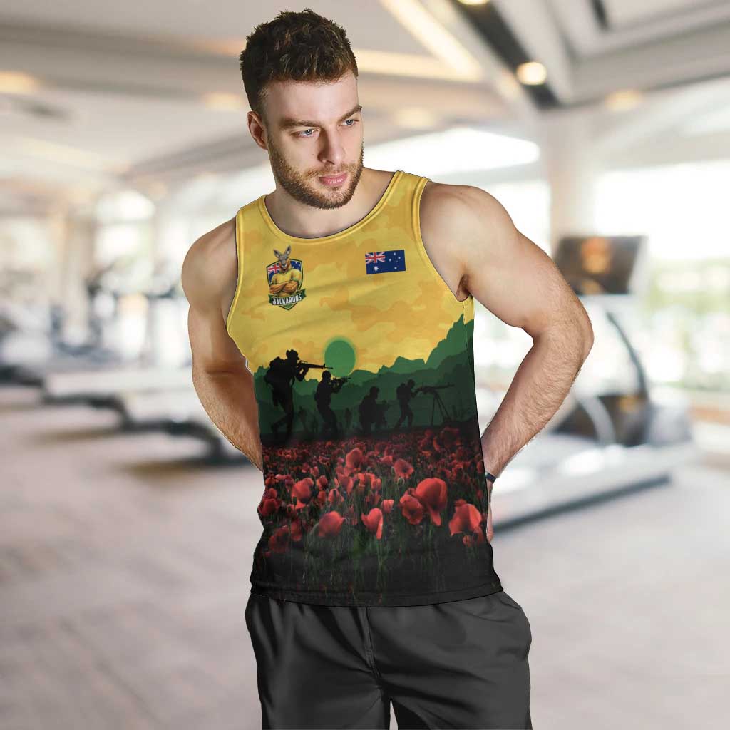Personalized Australian Jackaroos ANZAC Men Tank Top Poppy Field Soldiers Silhouette Sunset Commemorative Design