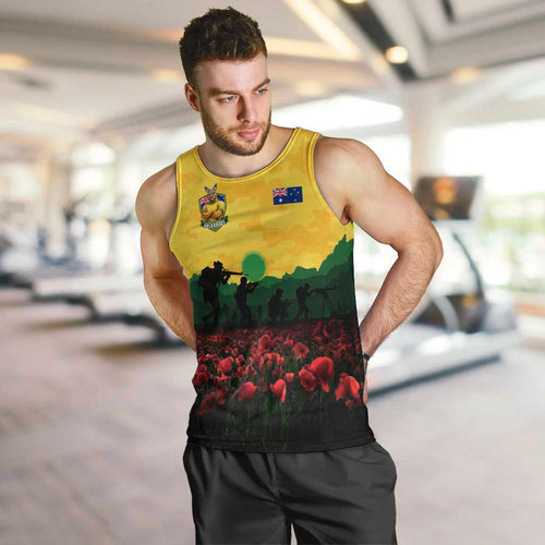 Personalized Australian Jackaroos ANZAC Men Tank Top Poppy Field Soldiers Silhouette Sunset Commemorative Design
