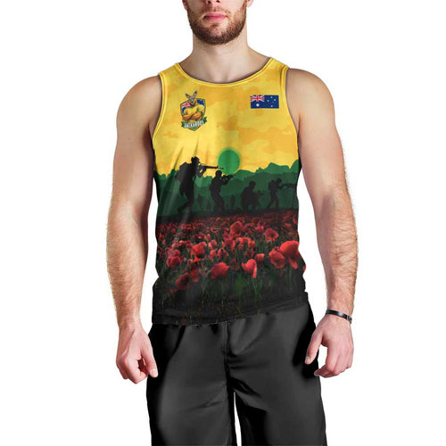 Personalized Australian Jackaroos ANZAC Men Tank Top Poppy Field Soldiers Silhouette Sunset Commemorative Design