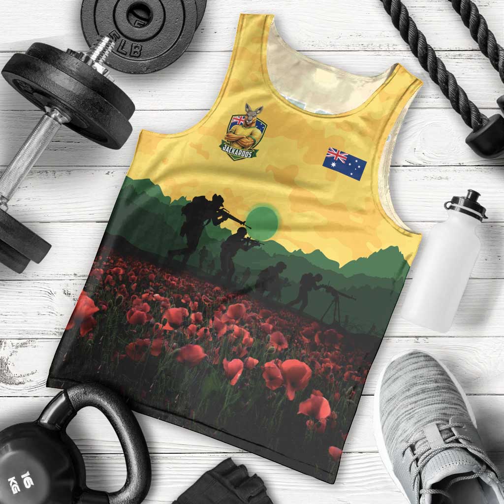 Personalized Australian Jackaroos ANZAC Men Tank Top Poppy Field Soldiers Silhouette Sunset Commemorative Design
