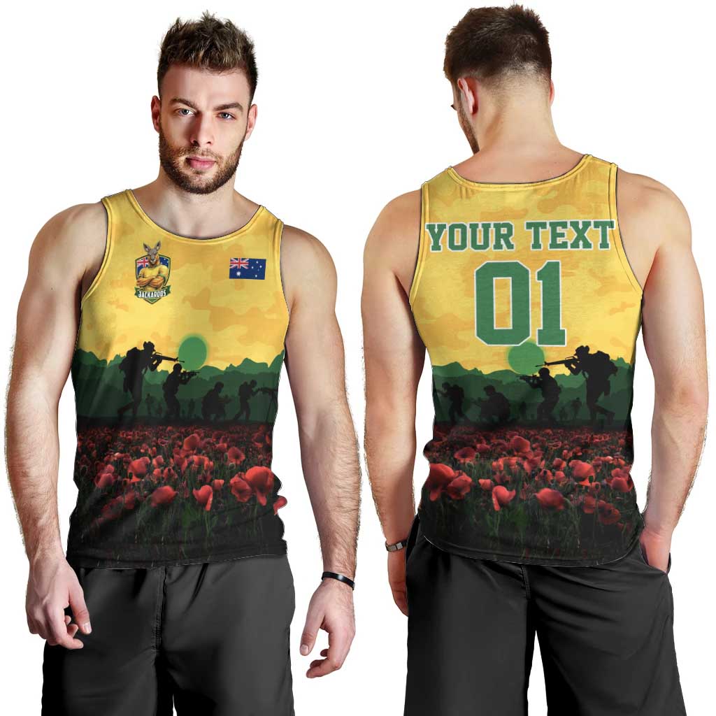 Personalized Australian Jackaroos ANZAC Men Tank Top Poppy Field Soldiers Silhouette Sunset Commemorative Design