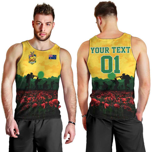 Personalized Australian Jackaroos ANZAC Men Tank Top Poppy Field Soldiers Silhouette Sunset Commemorative Design