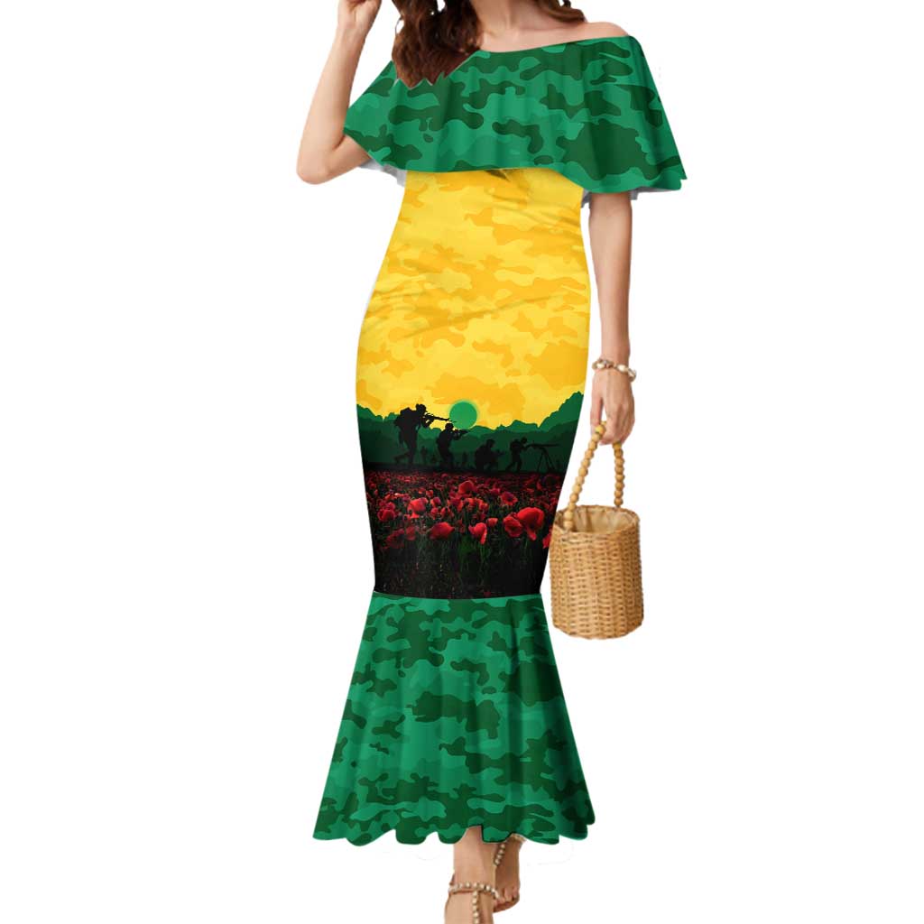 Personalized Australian Jackaroos ANZAC Mermaid Dress Poppy Field Soldiers Silhouette Sunset Commemorative Design