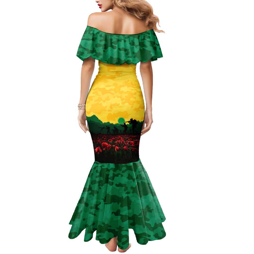 Personalized Australian Jackaroos ANZAC Mermaid Dress Poppy Field Soldiers Silhouette Sunset Commemorative Design