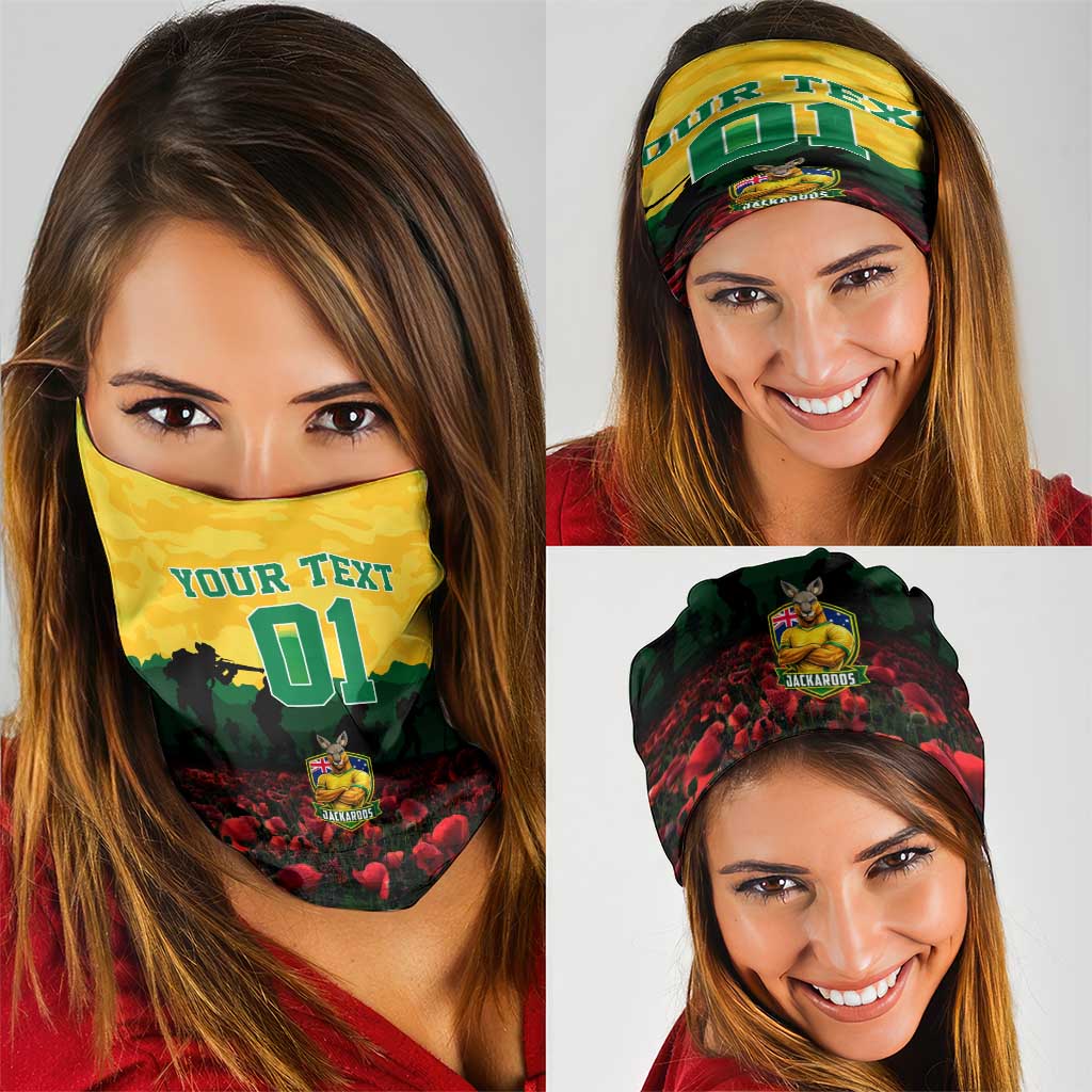 Personalized Australian Jackaroos ANZAC Neck Gaiter Poppy Field Soldiers Silhouette Sunset Commemorative Design