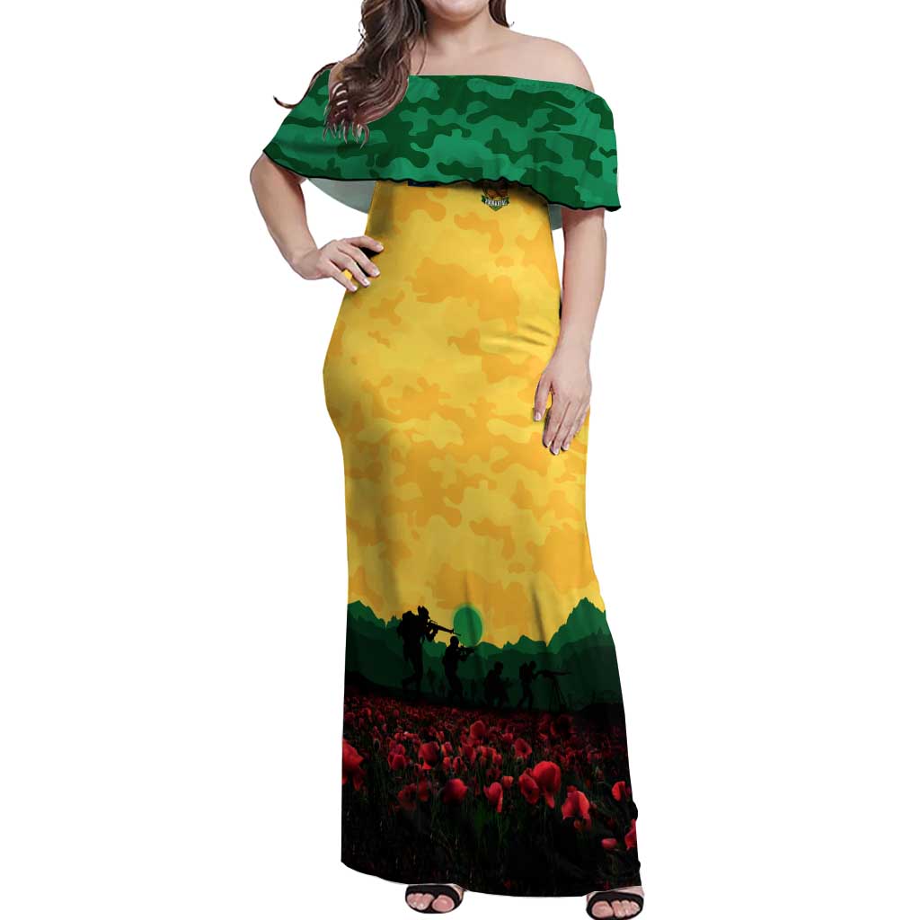 Personalized Australian Jackaroos ANZAC Off Shoulder Maxi Dress Poppy Field Soldiers Silhouette Sunset Commemorative Design