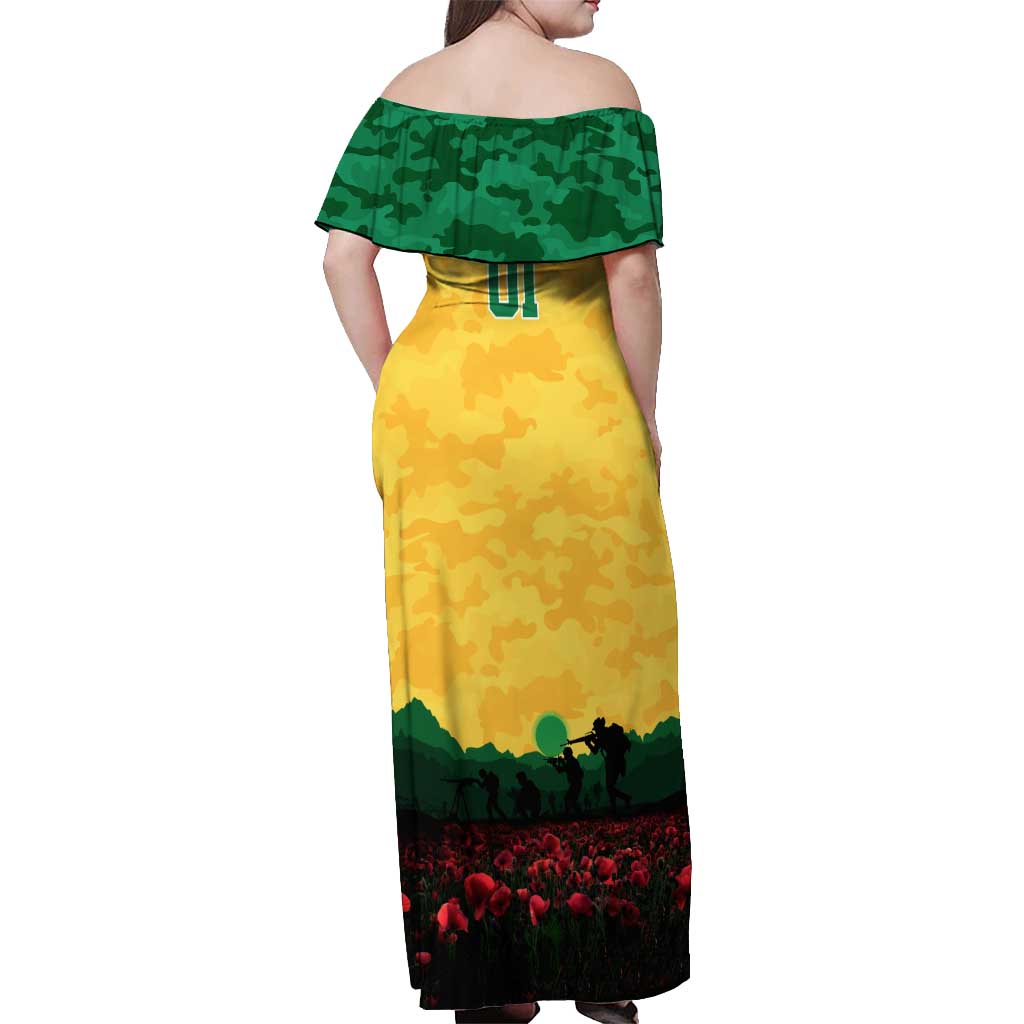 Personalized Australian Jackaroos ANZAC Off Shoulder Maxi Dress Poppy Field Soldiers Silhouette Sunset Commemorative Design