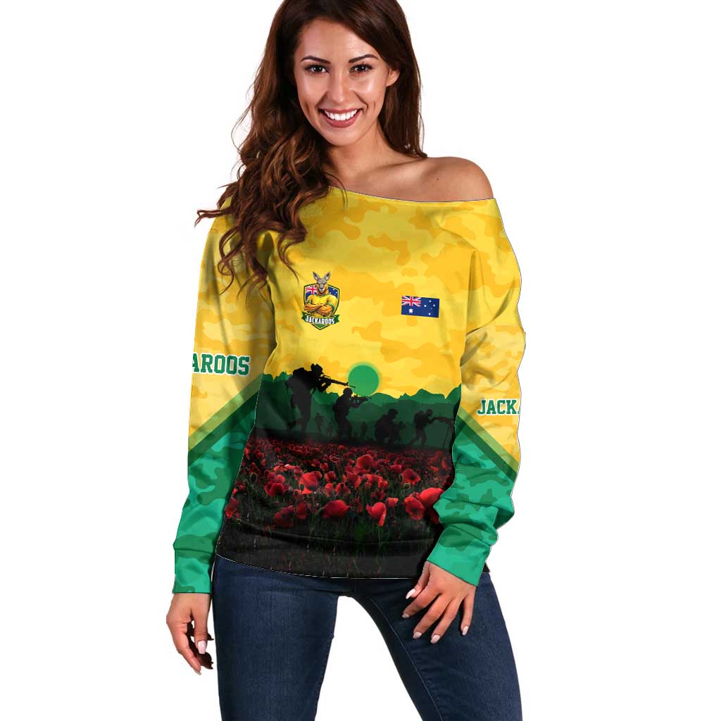 Personalized Australian Jackaroos ANZAC Off Shoulder Sweater Poppy Field Soldiers Silhouette Sunset Commemorative Design