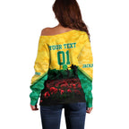 Personalized Australian Jackaroos ANZAC Off Shoulder Sweater Poppy Field Soldiers Silhouette Sunset Commemorative Design