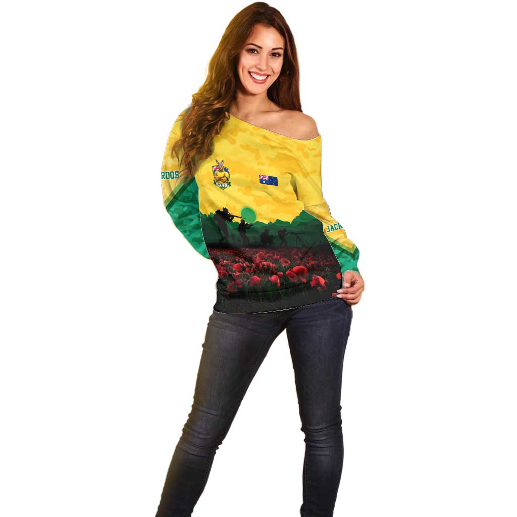 Personalized Australian Jackaroos ANZAC Off Shoulder Sweater Poppy Field Soldiers Silhouette Sunset Commemorative Design