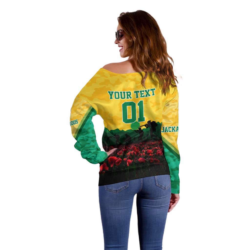 Personalized Australian Jackaroos ANZAC Off Shoulder Sweater Poppy Field Soldiers Silhouette Sunset Commemorative Design