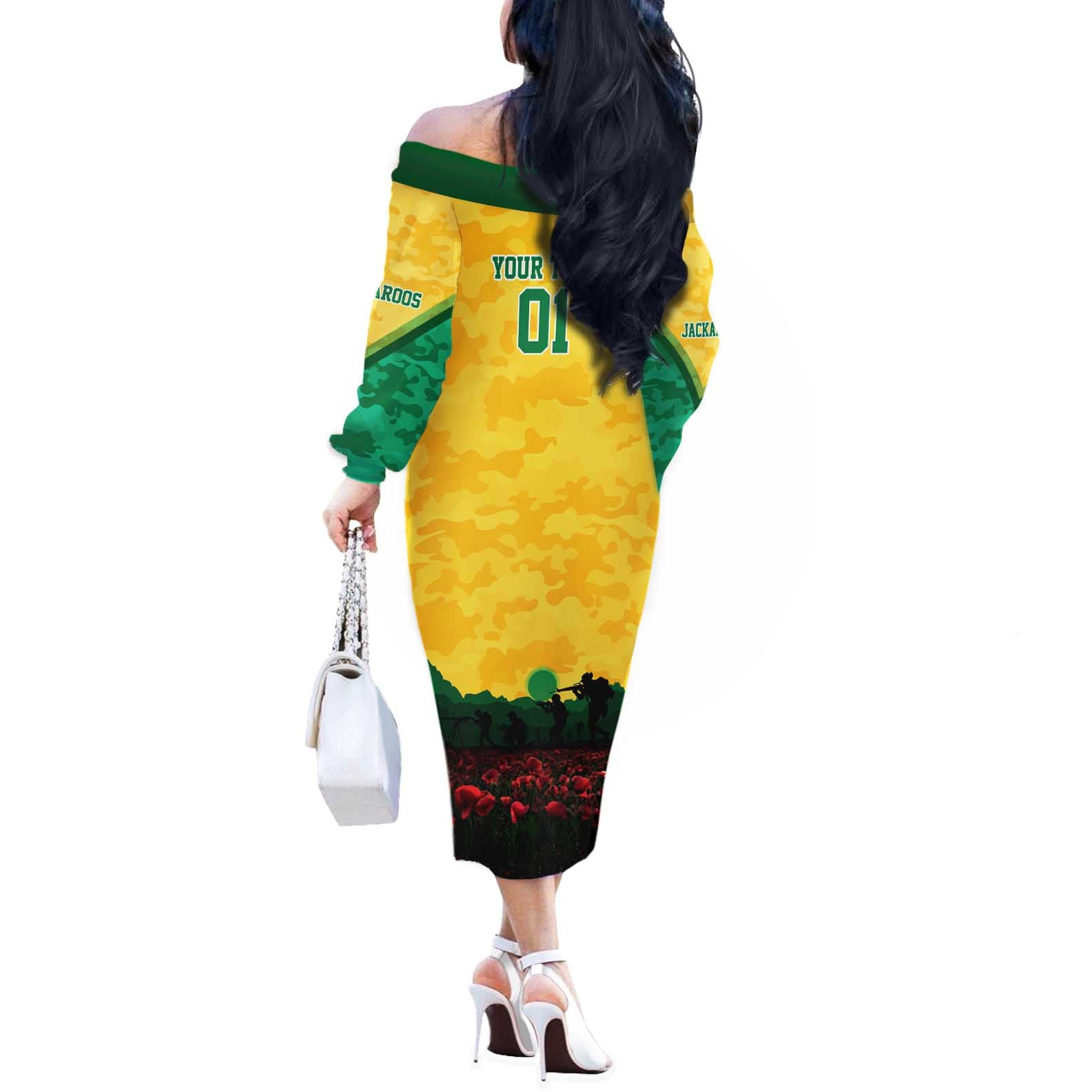 Personalized Australian Jackaroos ANZAC Off The Shoulder Long Sleeve Dress Poppy Field Soldiers Silhouette Sunset Commemorative Design