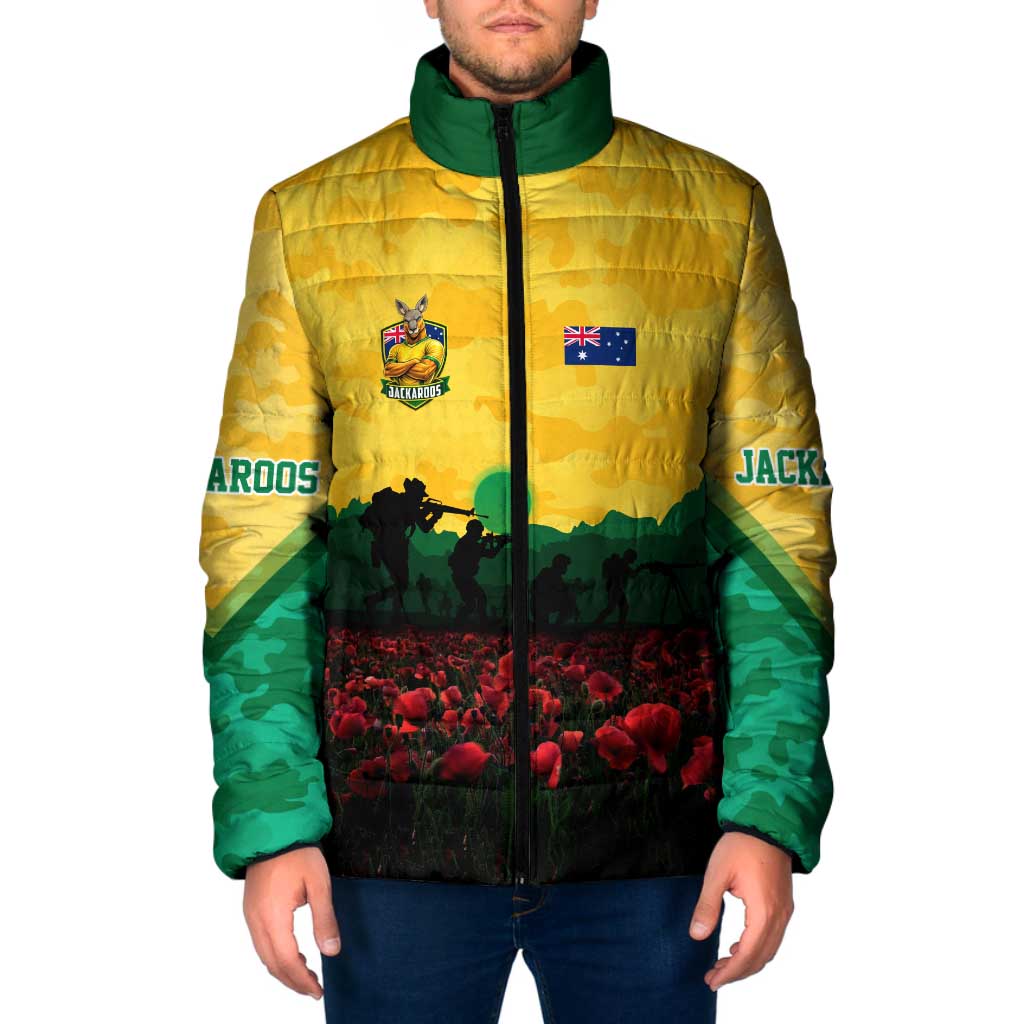 Personalized Australian Jackaroos ANZAC Padded Jacket Poppy Field Soldiers Silhouette Sunset Commemorative Design