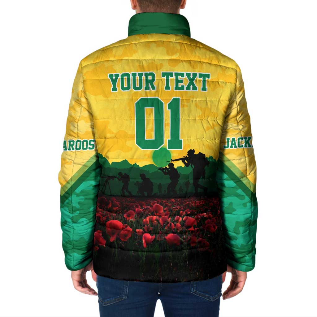 Personalized Australian Jackaroos ANZAC Padded Jacket Poppy Field Soldiers Silhouette Sunset Commemorative Design