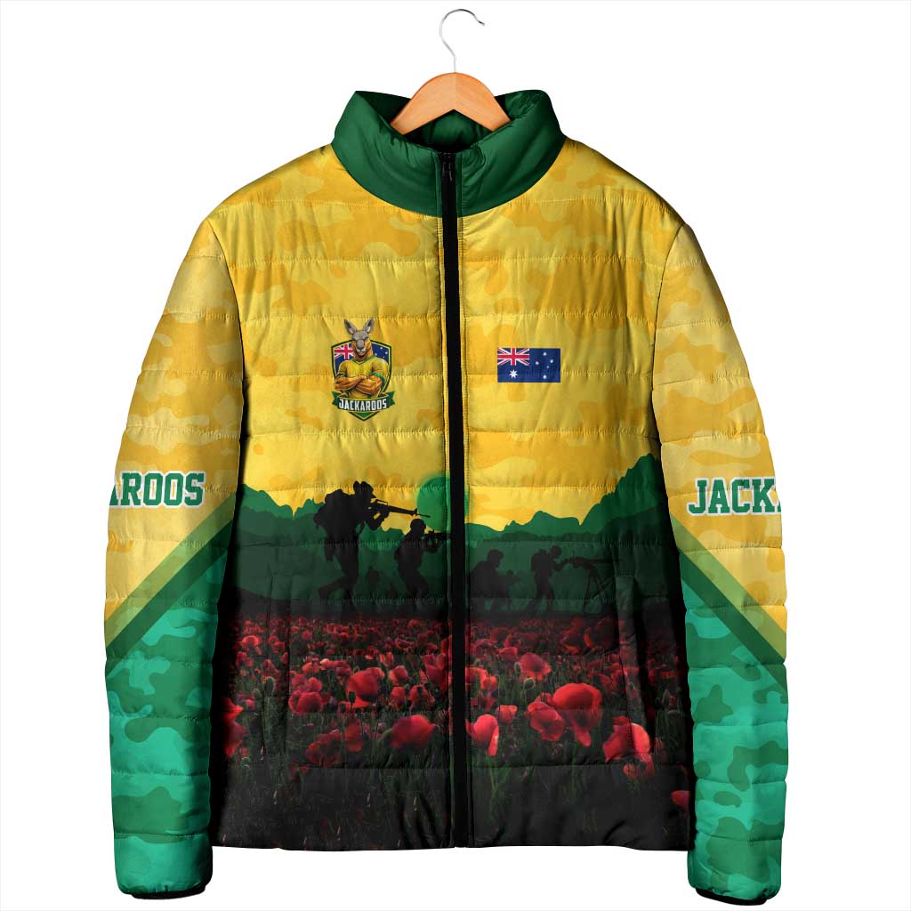 Personalized Australian Jackaroos ANZAC Padded Jacket Poppy Field Soldiers Silhouette Sunset Commemorative Design