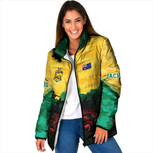 Personalized Australian Jackaroos ANZAC Padded Jacket Poppy Field Soldiers Silhouette Sunset Commemorative Design
