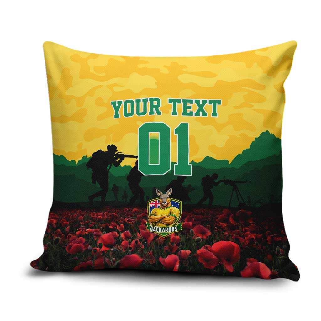 Personalized Australian Jackaroos ANZAC Pillow Cover Poppy Field Soldiers Silhouette Sunset Commemorative Design