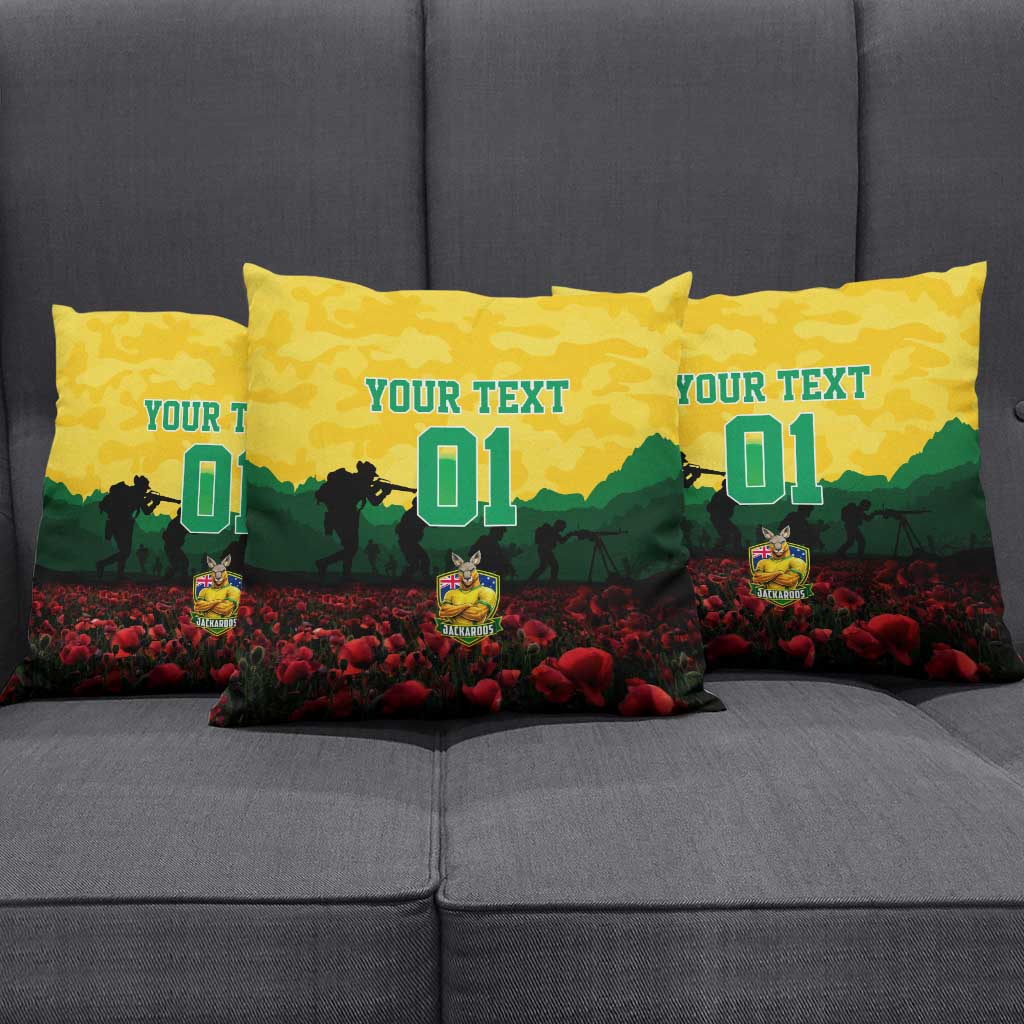 Personalized Australian Jackaroos ANZAC Pillow Cover Poppy Field Soldiers Silhouette Sunset Commemorative Design