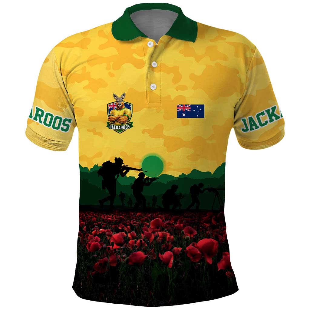 Personalized Australian Jackaroos ANZAC Polo Shirt Poppy Field Soldiers Silhouette Sunset Commemorative Design