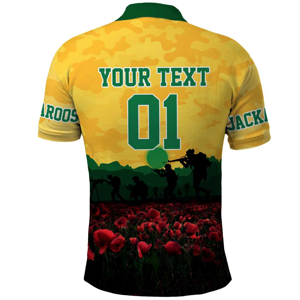 Personalized Australian Jackaroos ANZAC Polo Shirt Poppy Field Soldiers Silhouette Sunset Commemorative Design