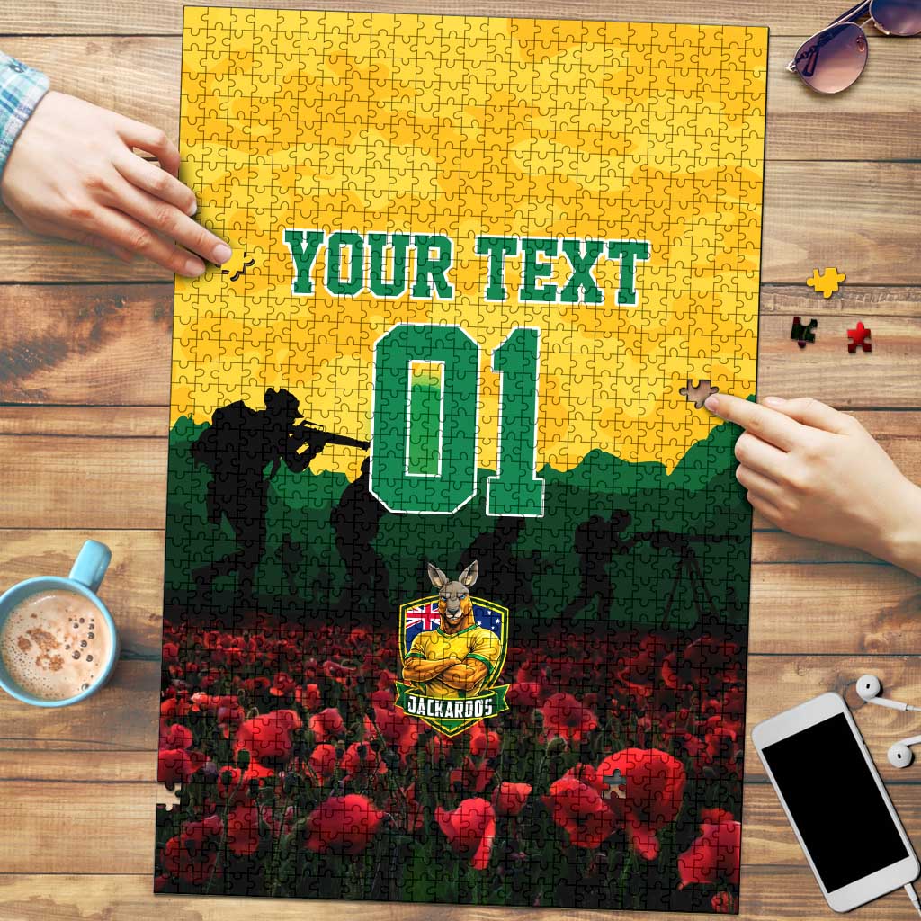 Personalized Australian Jackaroos ANZAC Puzzle Poppy Field Soldiers Silhouette Sunset Commemorative Design