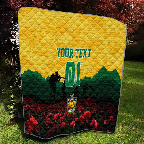 Personalized Australian Jackaroos ANZAC Quilt Poppy Field Soldiers Silhouette Sunset Commemorative Design