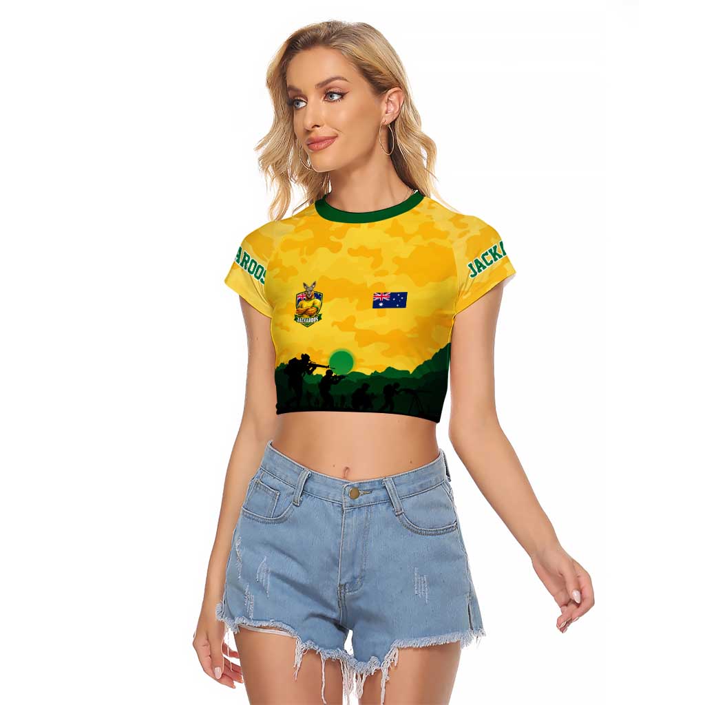 Personalized Australian Jackaroos ANZAC Raglan Cropped T Shirt Poppy Field Soldiers Silhouette Sunset Commemorative Design